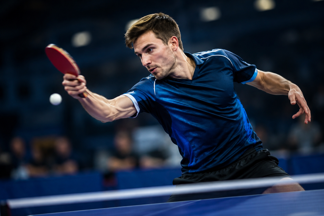Tischtennisspieler in dynamischer Vorhand-Topspin-Bewegung an blauer Platte